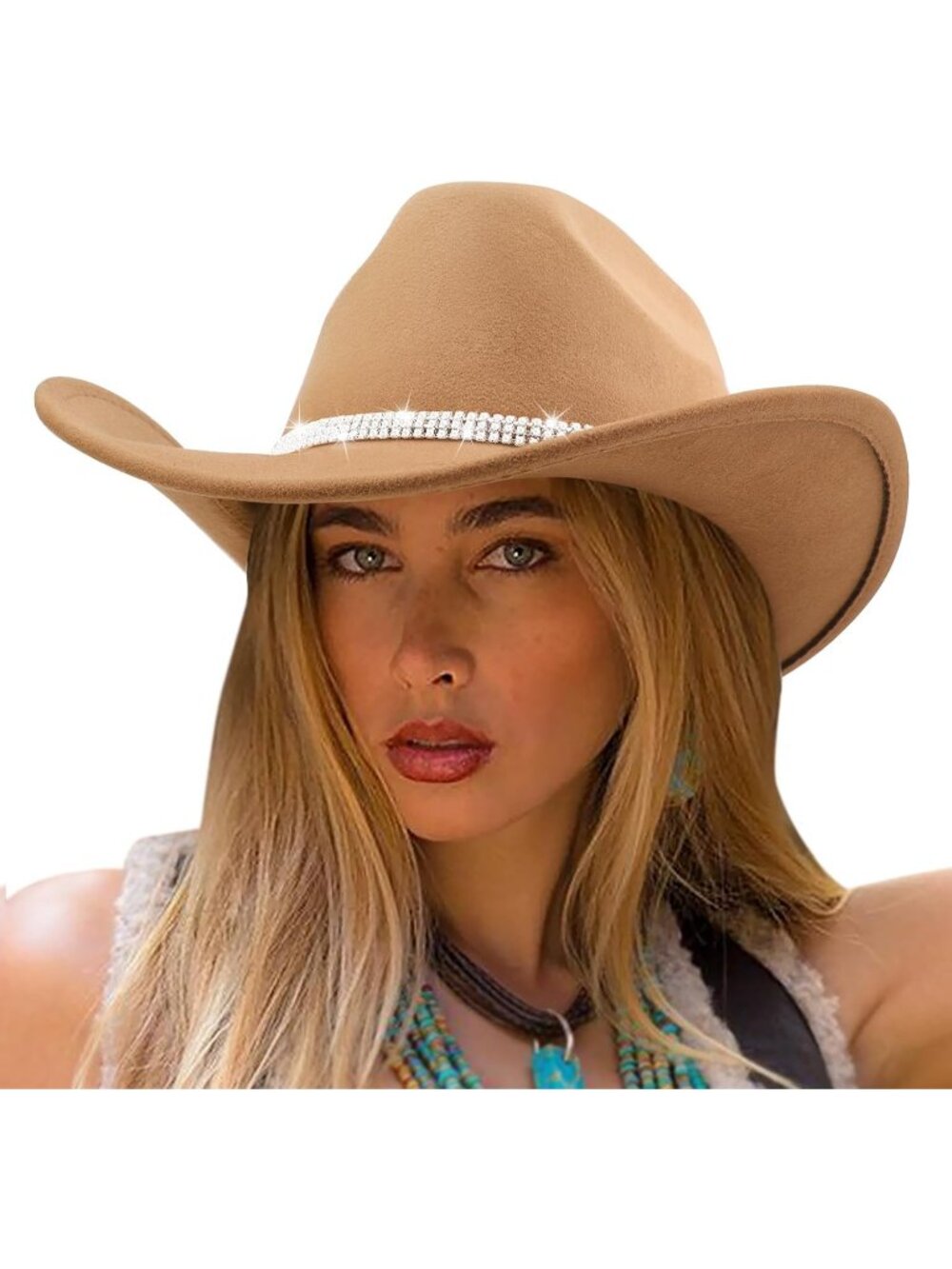 Women's Camel Glitter Rhinestone Wide Brim Felt Cowboy Western Cowgirl Hat